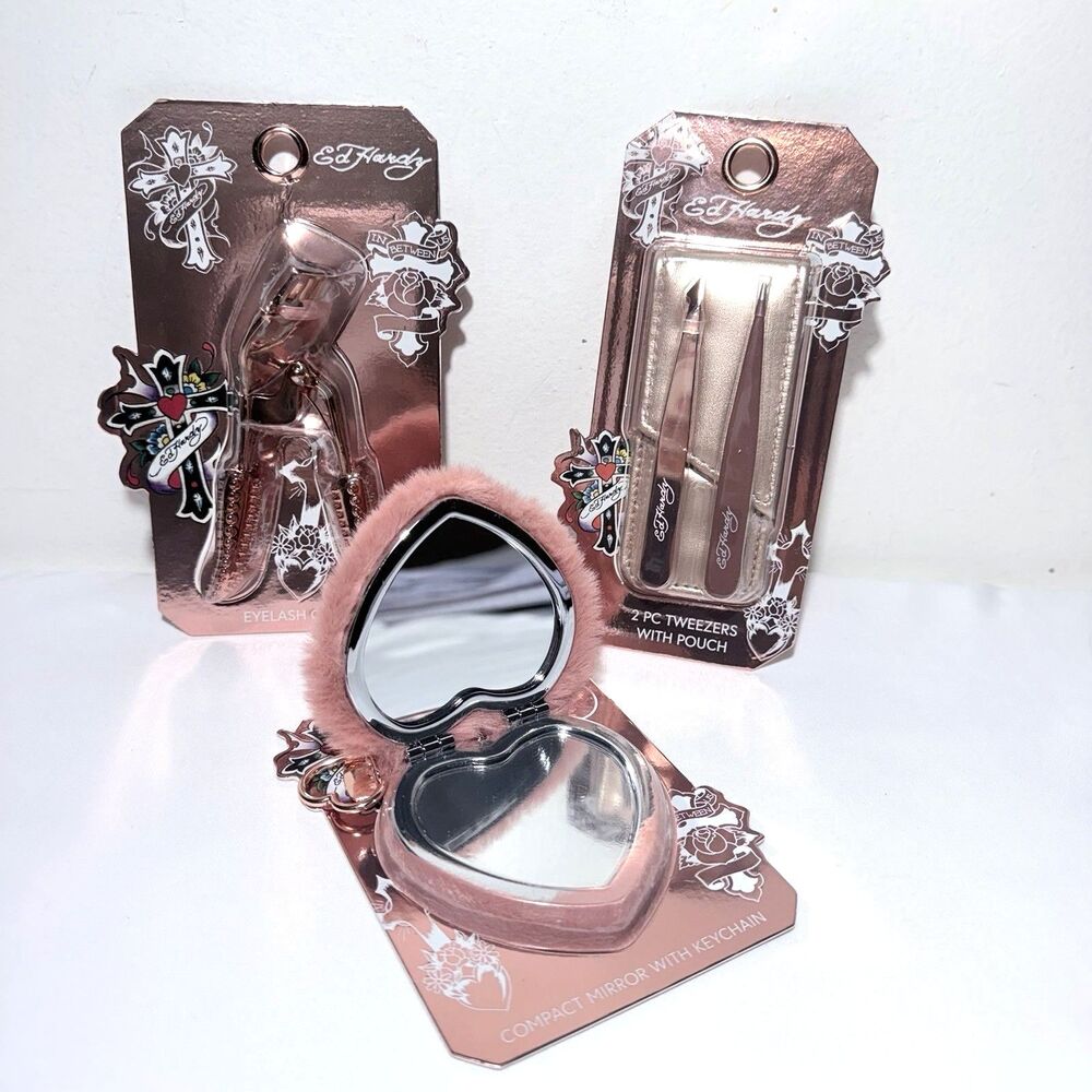 Ed Hardy BUNDLE- 1 Eyelash Curler, 1 Compact Mirror w/Keychain, 2Pc Tweezers NWT